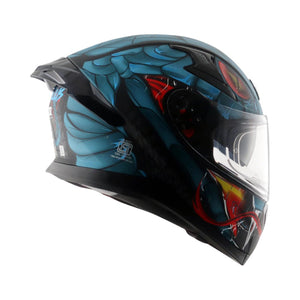 Motodrift Axor Apex Venomous full-face motorcycle helmet with blue and black graphic design and clear visor