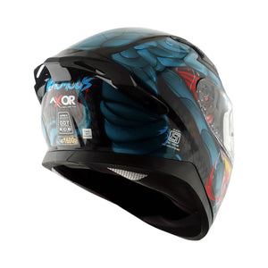 Motodrift Axor Apex Venomous motorcycle helmet with blue and black graphic design and rear integrated spoiler