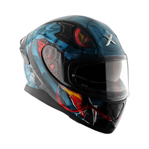 Motodrift Axor Apex Venomous sport-touring helmet in blue with aggressive snake-inspired graphic and clear visor
