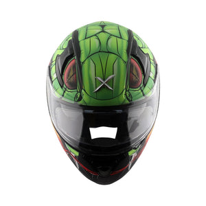 Motodrift Axor Apex Venomous helmet with a green snake-inspired graphic design and clear visor, front view.
