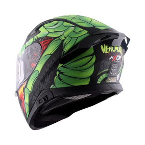 Motodrift Axor Apex Venomous sport-touring helmet in black and green with an integrated rear spoiler and graphic art
