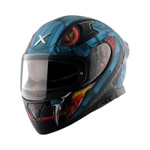 Motodrift Axor Apex Venomous sport-touring helmet with blue snake-inspired graphic design and clear visor