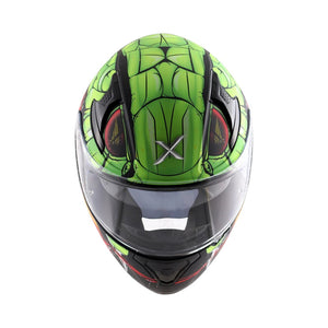 Motodrift Axor Apex Venomous sport-touring helmet in green with aggressive snake-inspired graphic and clear visor