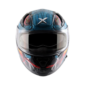 Motodrift Axor Apex Venomous full-face motorcycle helmet with blue and black graphic design and clear visor