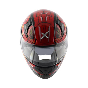 Motodrift Axor Apex Venomous sport-touring helmet in red and black with an aggressive graphic design and clear visor.