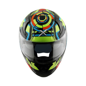 Motodrift Axor Apex Vivid full-face motorcycle helmet with vibrant geometric graphic pattern in neon green and red