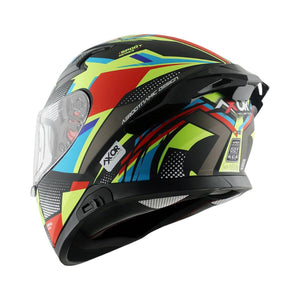 Motodrift Axor Apex Vivid sport touring helmet with a multi-colored graphic design and integrated rear spoiler.
