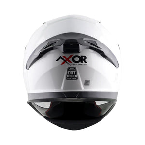 Motodrift Axor Apex solid white full-face motorcycle helmet, rear view showing ventilation and safety certifications.