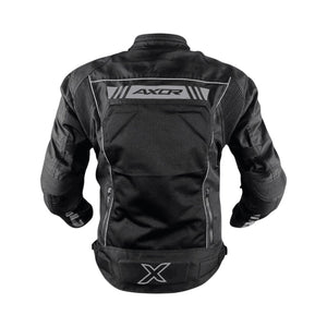 Motodrift Axor Nimbuz black motorcycle riding jacket, back view showing protective padding and reflective detailing.
