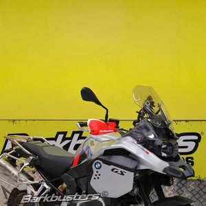 Motodrift Barkbusters two-point aluminium handguard mount installed on a silver BMW F 900 GSA motorcycle
