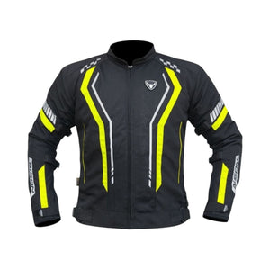 Motodrift Bison Air Pro black motorcycle riding jacket with high-visibility yellow accents and reflective detailing.