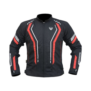 Motodrift Bison Air Pro black motorcycle riding jacket with red accents, mesh panels, and reflective safety detailing.