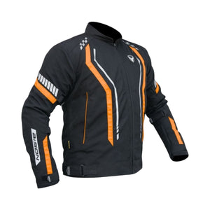 Motodrift Bison Air Pro motorcycle jacket in black with orange accents, mesh panels, and reflective safety detailing.