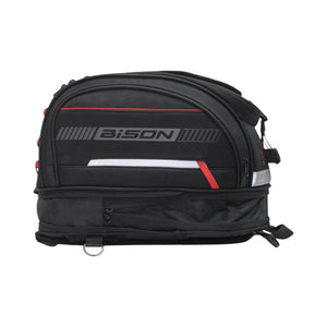 Motodrift Bison Octapod black magnetic motorcycle tank bag with reflective trim and durable 1680D polyester fabric.