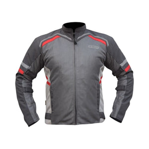 Motodrift Bison Raptor V.2 grey and red motorcycle riding jacket with mesh panels and protective armor features.