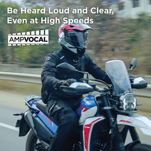 Motodrift BluArmor C40 Bluetooth mesh intercom mounted on a motorcycle helmet during a high-speed ride