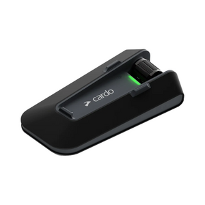 Motodrift Cardo Packtalk Neo motorcycle helmet intercom unit in black with a green status indicator light