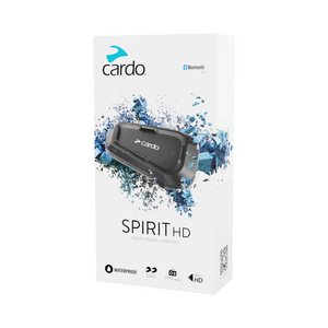 Motodrift Cardo Spirit HD Bluetooth motorcycle intercom system in retail packaging with 40mm speakers and waterproof