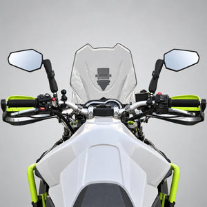 Motodrift Double Take Adventure Mirror set mounted on a white motorcycle with RAM arms and locking security knobs.