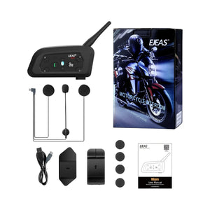 Motodrift EJEAS V6 Pro motorcycle Bluetooth intercom kit with headset, mounting clips, and retail packaging