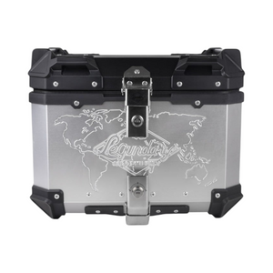 Motodrift Legundary Fort Knox 45L aluminium motorcycle top box with world map engraving and black corner protectors