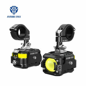 Motodrift Future Eyes F150 Pro motorcycle auxiliary lights with black housing and yellow lens DRL features