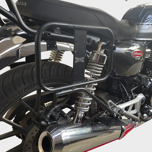 Motodrift black powder-coated steel saddle stay mounted on a Honda H'ness 350 motorcycle for secure luggage support.