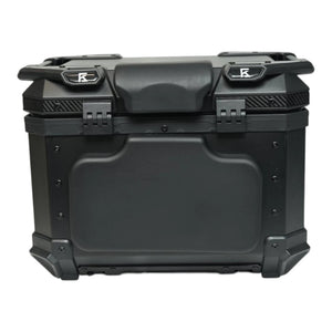 Motodrift KOLGA BROS black aluminium motorcycle top box with carbon fiber accents and back cushion