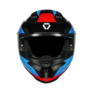 Motodrift Korda Evo Chief full-face motorcycle helmet in black, blue, and red with a clear visor and aerodynamic design