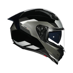 Motodrift Korda Evo Chief full-face motorcycle helmet in black and grey with aerodynamic spoiler and dual visor.