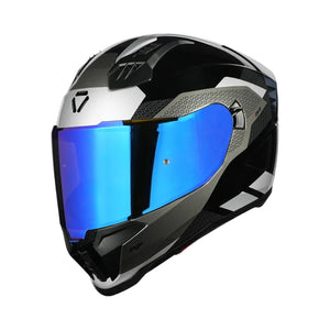 Motodrift Korda Evo Chief full-face motorcycle helmet in black and silver with a reflective blue visor