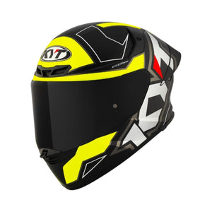 Motodrift KYT TT Revo Electron full-face motorcycle helmet in black, yellow, and white with an aerodynamic design.