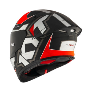Motodrift KYT TT Revo Electron motorcycle helmet in black, white, and red with aerodynamic spoiler and visor