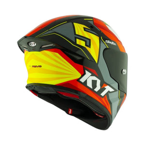 Motodrift KYT TT Revo Flux full-face motorcycle helmet in a glossy red, yellow, and grey aerodynamic graphic design.