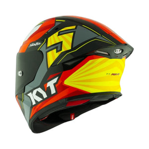 Motodrift KYT TT Revo Flux full-face motorcycle helmet in a vibrant red, yellow, and black aerodynamic gloss finish