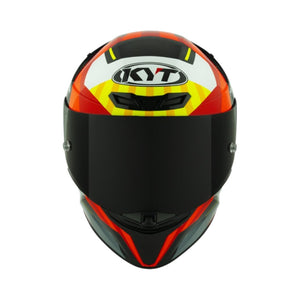 Motodrift KYT TT Revo Flux gloss motorcycle helmet with aerodynamic design, tinted visor, and vibrant red and yellow graphics