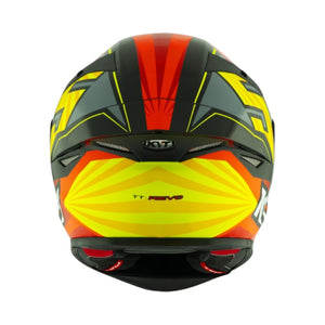 Motodrift KYT TT Revo Flux full-face motorcycle helmet in a vibrant black, red, and yellow aerodynamic graphic design.