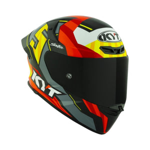 Motodrift KYT TT Revo Flux full-face motorcycle helmet in a glossy multi-color graphic design with aerodynamic spoiler.