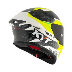 Motodrift KYT TT Revo Gear full-face motorcycle helmet in white, black, and neon yellow with aerodynamic design
