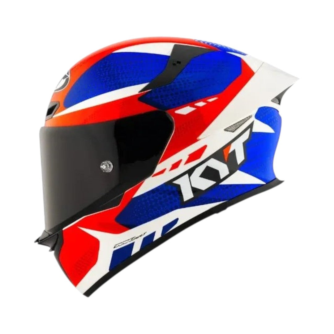 Motodrift KYT TT Revo Gear full-face motorcycle helmet in a vibrant red, white, and blue graphic racing design.