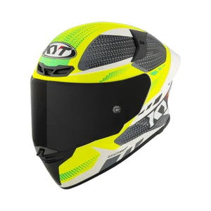 Motodrift KYT TT Revo Gear full-face motorcycle helmet in neon yellow, grey, and white with a dark tinted visor