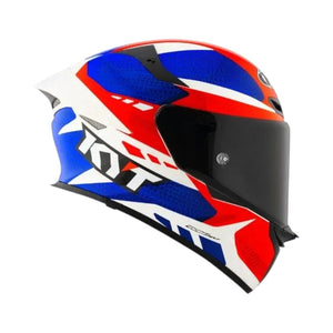 Motodrift KYT TT Revo Gear full-face motorcycle helmet featuring a vibrant red, white, and blue aerodynamic design.