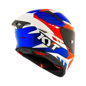 Motodrift KYT TT Revo Gear full-face motorcycle helmet in blue, white, and red with aerodynamic design