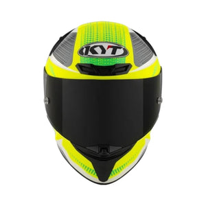 Motodrift KYT TT Revo Gear full-face motorcycle helmet in neon yellow and grey with a dark tinted visor