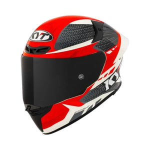 Motodrift KYT TT Revo Gear full-face motorcycle helmet in red, white, and black with a dark tinted visor