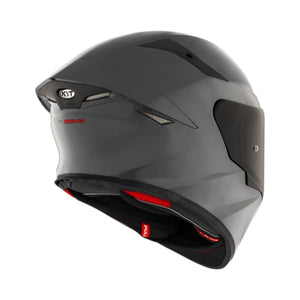 Motodrift KYT TT Revo plain grey sport touring helmet, rear view showing aerodynamic shell and ventilation ports.