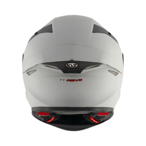 Motodrift KYT TT Revo Plain motorcycle helmet in matte grey, rear view showing aerodynamic vents and branding.