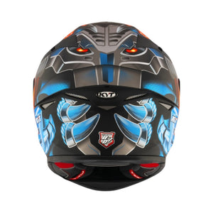 Motodrift KYT TT Revo Magnet matte motorcycle helmet with aerodynamic spoiler and blue and orange graphic design
