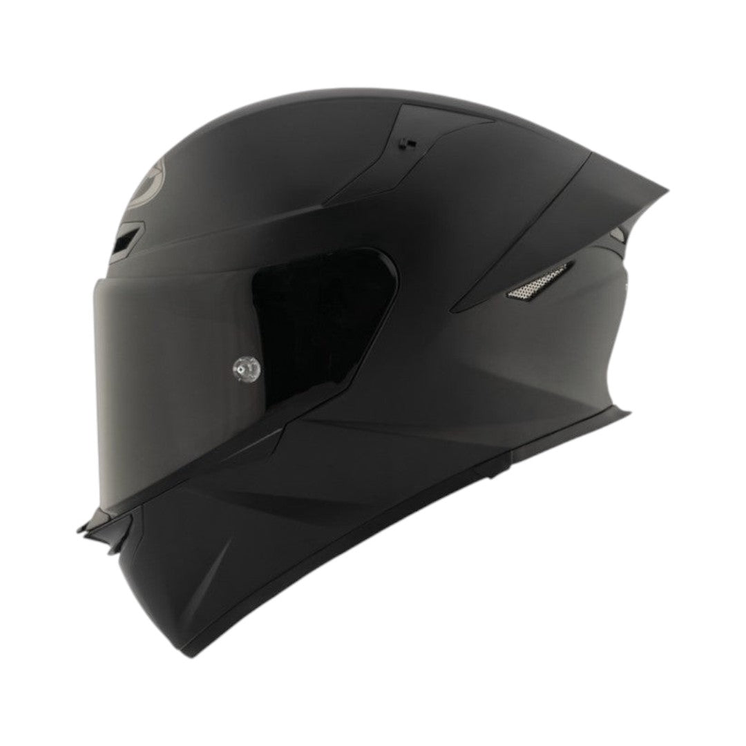 Motodrift KYT TT Revo Plain matte black full-face sport touring helmet with a dark visor, side profile view.