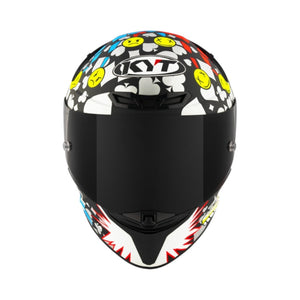 Motodrift KYT TT Revo Ricardo Rossi 2022 replica matte motorcycle helmet with smiley face and card suit graphics